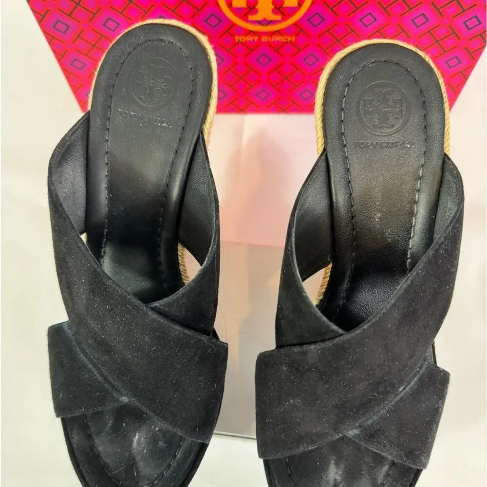 #TORY BURCH Bailey 110mm Wedge Mules Suede Black Size 7.5